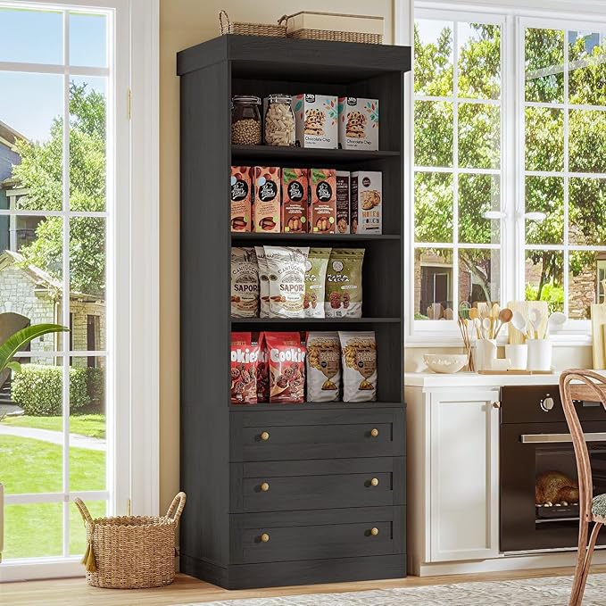 Vyre 71" Tall Farmhouse Bookshelves with Glass Doors and Drawers, Large Modular Bookcase with Adjustable Shelves, Wooden Storage Cabinet for Living Room, Kitchen, Black, Set of 4