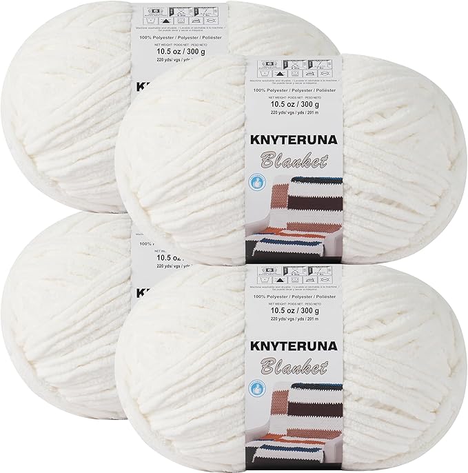 #6 Super Bulky Blanket Yarn for Crocheting - 4 Skeins(Each 10.5oz/300g, 220yds/201m), Chunky Chenille Thick Plush Big Soft Yarn for Crocheting Knitting Blankets, Cream
