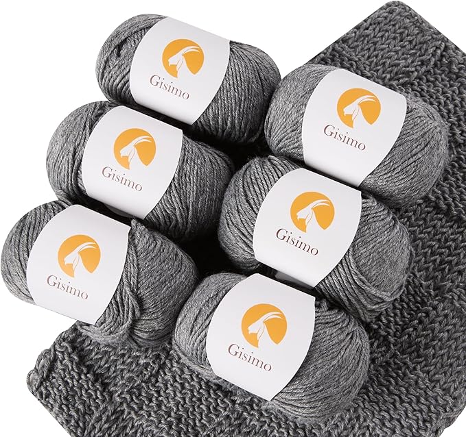 6 Balls Merino Wool Yarn, 12-Ply Luxurious and Soft Yarn for Hand Knitting & Crocheting, 1.76 OZ/50g, 120 yds/110 Meters(Dark Gray,6Balls)