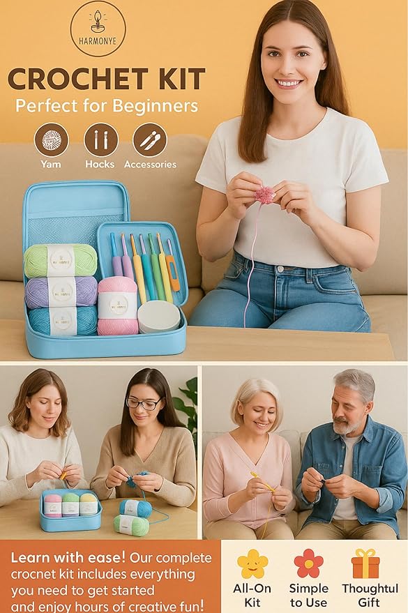 Crochet Kit for Beginners – Crochet Starter Set with Yarn, Hooks, Stitch Markers and Accessories, Learn to Crochet Kit for Adults, Kids, Beginners
