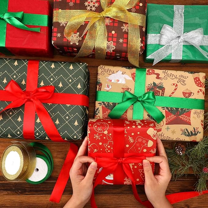 DECYOOL 4 Rolls 100 Yards Christmas Ribbons Metallic Glitter Fabric Holiday Festival Satin Ribbons 1Inch Wide for Gift Wrapping Decoration