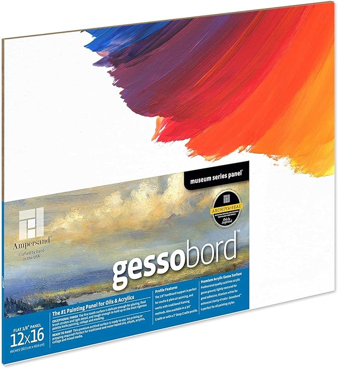 Ampersand Art Supply Gesso Wood Painting Panel: Museum Series Gessobord, 12" x 16", 1/8" Flat Profile