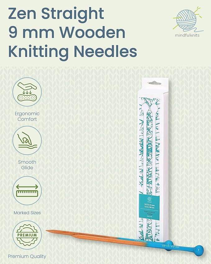 mindfulknits Premium Straight Single Pointed Beech Wood Knitting Needles – Size US 13, 9mm – 35cm Length – Knitting Supplies for Relaxation & Stress Relief (US 13, 9mm)