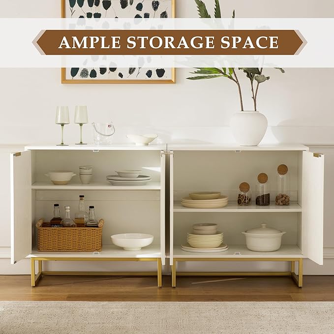 Fluted Storage Cabinet Set of 3,Sideboard Buffet Cabinet with Adjustable Shelves,Multifunctional Console Table with Storage Credenza Accent Cabinet for Living Room, Dining Room, White