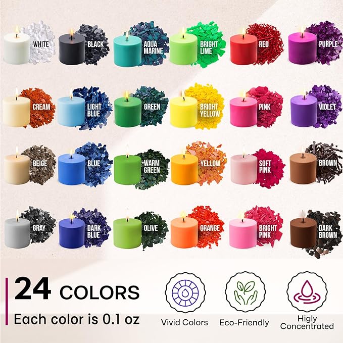 Candle Wax Dye for Soy Candle Making - 24 Popular Candle Dye Coloring Chips in Jars - Premium Candle Wax Coloring - Highly Concentrated Candle Chips Colors