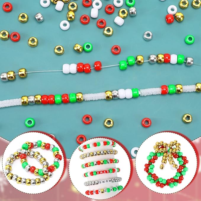 UPINS Christmas Pony Beads, 1200Pcs Red White Green Gold Silver Plastic Beads Christmas Necklace Hair Beads Crafts DIY