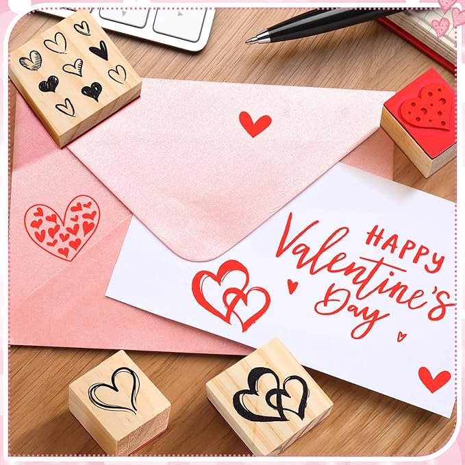Watersay 6 Pcs Valentine Rubber Stamp Set Happy Valentine Day Wooden Rubber Stamp Vintage Art Print for Crafting Love Heart Pattern and DIY Scrapbooking Card Making Hand Book (Patter)
