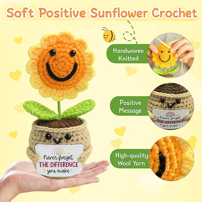 Handmade Positive Sunflower Crochet - Never Forget The Different That You Make, Appreciation Gift for Coworker, Best Friend, Teacher, Sister, Mom, Women, Men, Gift for Christmas, Birthday (Style 1a)