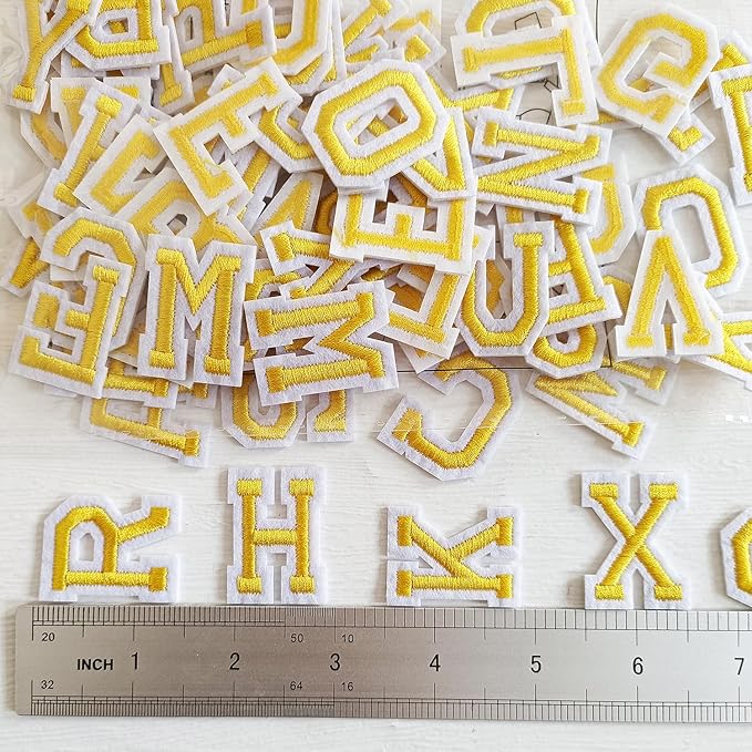 1.3 inch Iron on Letter Patches 78 Pieces, A-Z Embroidered Alphabet Patches for Clothing Jackets Hats Backpacks Jeans Yellow