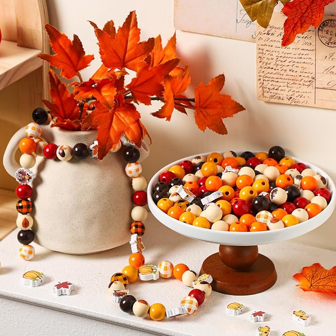 Huwena 200 Pieces Thanksgiving Wooden Beads Buffalo Plaid Wood Fall Beads Turkey Pumpkin Maple Leaf Wooden Bead Natural Round Spacer Bead for DIY Crafts Decor
