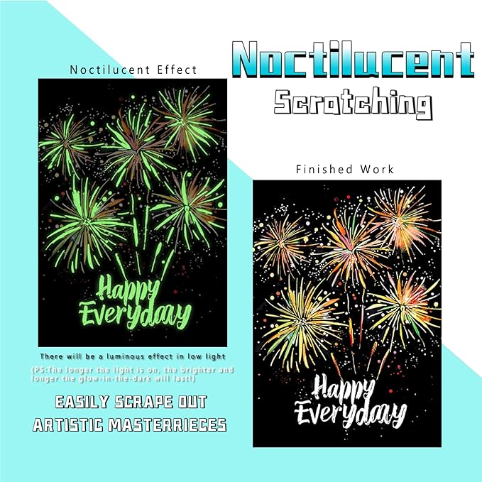 Scratch Paper Art for Adults-Glow in The Dark Scratch Painting Craft Kit (8 Sheets A4)|DIY Foil Engraving Art Set|Stress Relief Gift for Travel Lovers,Craft Lovers,Home Decors (Fireworks)