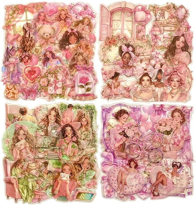 TIAMECH Pink Dream Girl PET Stickers - 100 Pcs Reading Time Lace Girl Maidens Sweetheart Design, Waterproof Sticker for Journaling & Scrapbooking, Junk Journal Supplies, Ephemera & DIY Crafts