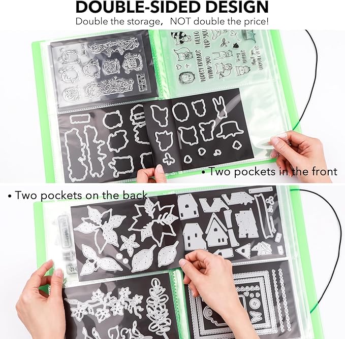 10 Pcs 0.3mm Magnet Sheets and 80 pockets/20 pages Storage Album for Stamp and Cutting Dies Storage Book Organizer Folder for Storage Die Cutting, DIY Scrapbooking Card Making Supplies (Green)
