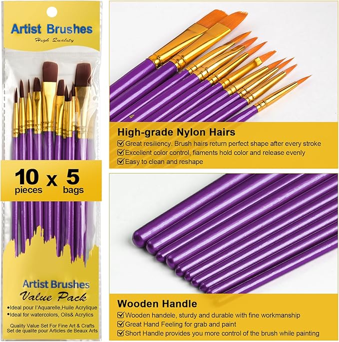 Acrylic Paint Brushes Set, 50Pcs Round Pointed Tip Artist Paintbrushes for Acrylic Painting Oil Watercolor Canvas Boards Rock Body Face Nail Art, Halloween Pumpkin Ceramic Crafts Supplies，Purple