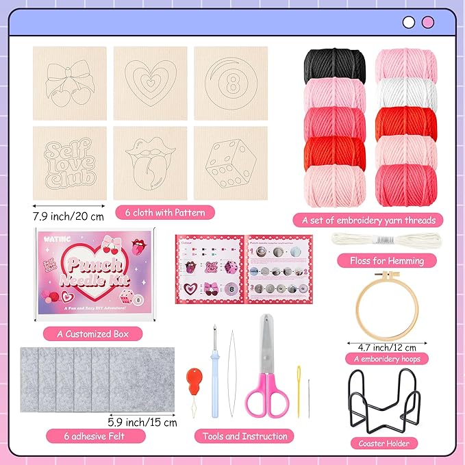 WATINC Christmas Punch Needle Coaster Kits - 23Pcs Easy Art Work Decor Craft Supply for Beginners, DIY Set of 6 Pattern Tufted Pads with Adhesive Felt Yarn Tool Coaster Holder Instruction (Light Pink)