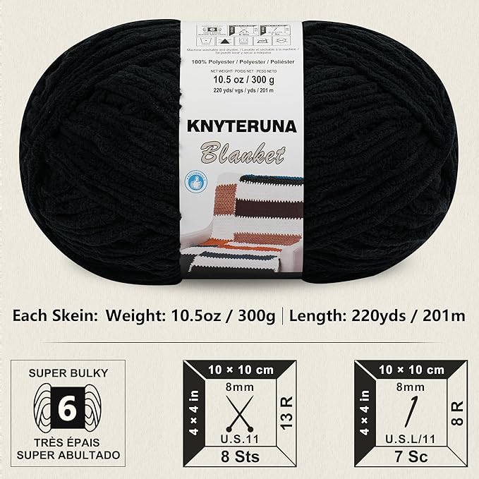 #6 Super Bulky Blanket Yarn for Crocheting - 4 Skeins(Each 10.5oz/300g, 220yds/201m), Chunky Chenille Thick Plush Big Soft Yarn for Crocheting Knitting Blankets, Black
