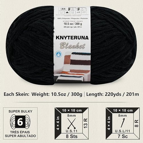 #6 Super Bulky Blanket Yarn for Crocheting - 4 Skeins(Each 10.5oz/300g, 220yds/201m), Chunky Chenille Thick Plush Big Soft Yarn for Crocheting Knitting Blankets, Black