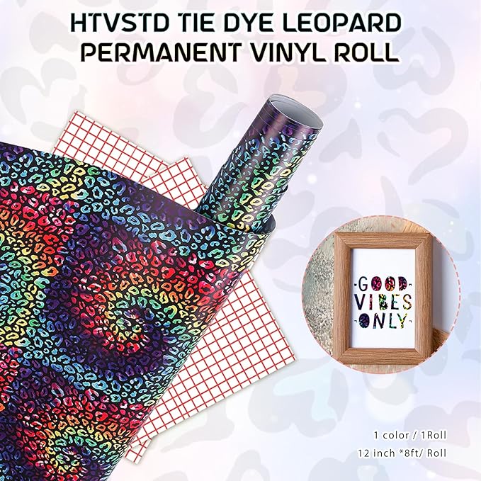 Leopard Tie Dye Permanent Vinyl Roll - 12" x 8ft, Multicolor, Leopard Pattern, Permanent Adhesive, Vinyl, 1 Count, Both Indoor & Outdoor, Rectangular, for Scrapbook, Bohemian Style