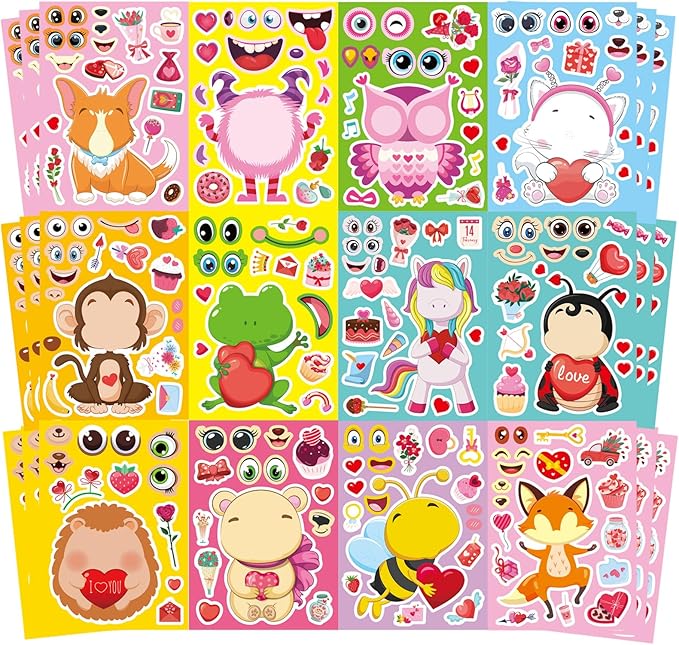 Valentine Stickers for Kids Toddlers, 36 Sheets Valentines Day Make a Face Stickers, Make Your Own Animal with Heart Mix Stickers for Kids Valentines Day Activities Party Favors