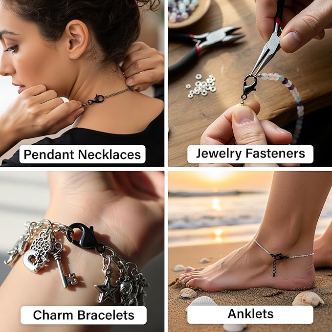 Mandala Crafts 10mm Black Stainless Steel Lobster Clasps for Jewelry Making - 50 PCs SS Lobster Claw Clasps with Jump Rings Jewelry Findings Kit for Necklaces Bracelets Charms Fasteners