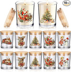 Ziliny 10 Pcs Vintage Christmas Glass Candle Jars Empty Containers Bulk 7 oz Glass Jars with Cork Lids Tins for Christmas Holiday Candle Making Storing Biscuits Tea Party Favors