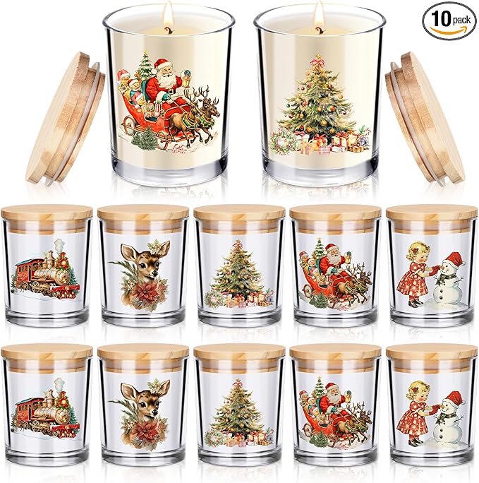 Ziliny 10 Pcs Vintage Christmas Glass Candle Jars Empty Containers Bulk 7 oz Glass Jars with Cork Lids Tins for Christmas Holiday Candle Making Storing Biscuits Tea Party Favors