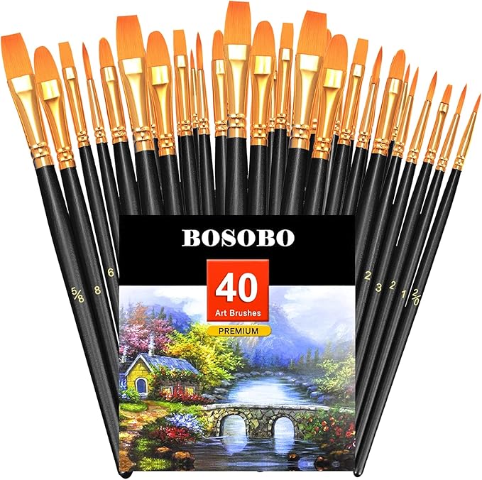 BOSOBO Paint Brushes Set, 4 Pack 40 Pcs Round Pointed Tip Paintbrushes Nylon Hair Artist Acrylic Paint Brushes for Acrylic Oil Watercolor, Face Nail Art, Miniature Detailing & Rock Painting, Black