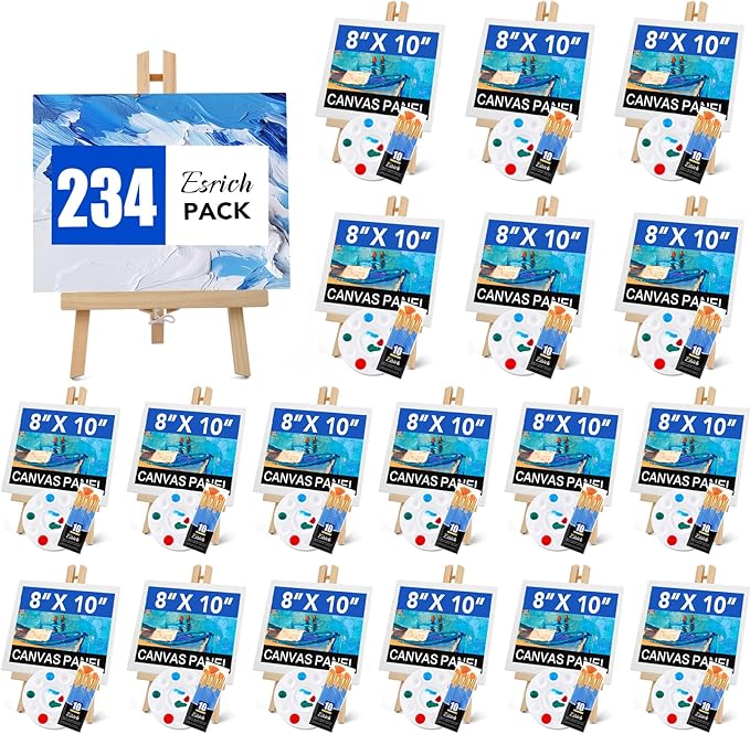 ESRICH 234 Pack Canvas with Easel Set 8 x 10 in Canvas Boards with 11.8 in Wooden Easels, Paint Brushes Canvas Panel Painting Kit for Acrylic Oil Watercolor Beginners Art Crafts Sip and Paint Party