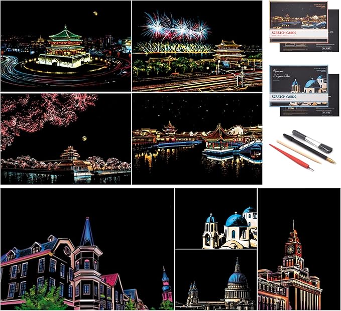 Rainbow Painting Scratch Paper By BOTEEN, City Series Night Scene,Scratch Painting Creative Gift,Scratchboard for Adult and Kids,with 4 Tools,Size:11.7''x8.3''（A4）（8PACK）