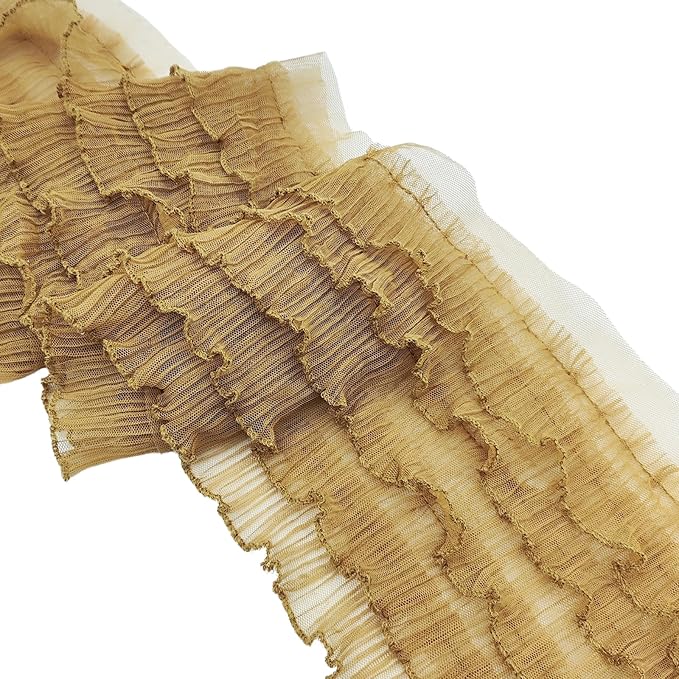 1 Yards Brown Pleated Lace Chiffon Fabric Elastic Lace Trim for Wedding Bridal Dress Decoration DIY Sewing Clothing Decoration, 6 Inch