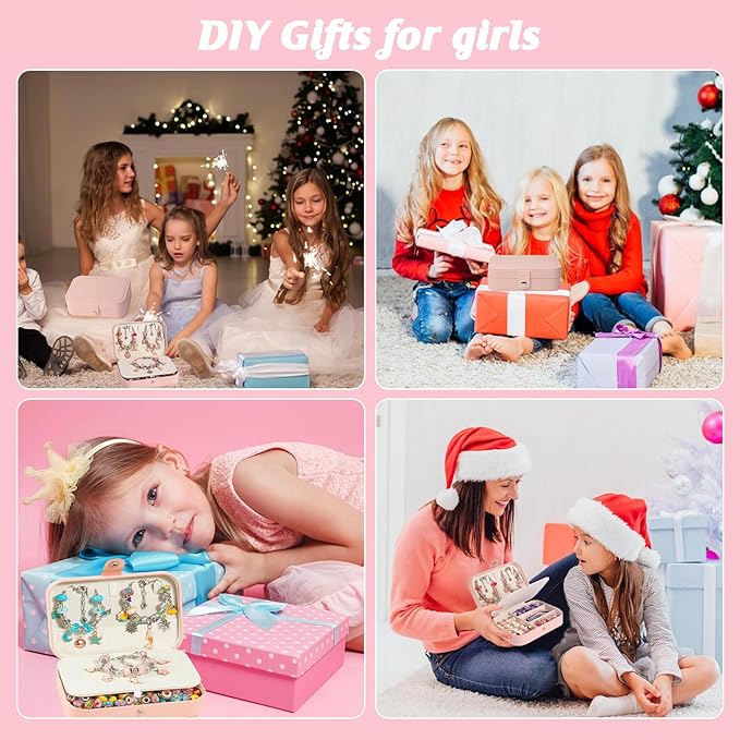 YJK Charm Bracelet Making Kit, 5-12 Year Old Girl Birthday Gifts, 133 Pcs DIY Beaded Jewelry Making Kit with Jewelry Box, Creative Crafts for Girls, Charm Necklace Making kit for Girls (Blue & Pink)