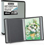 Dunwell 11x14 Art Portfolio Binder with Mounting Paper (Silver), Large Portfolio Folder for Artwork Storage, 24 Clear Sleeves Displays 48 Pages, Acid-Free Poly 11 x 14 Presentation Book