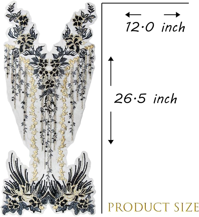Beaded Pearl Flower Fabric Lace Applique, Floral Embroidered Patches Handmade Sewing Tool for DIY Neckline Bodice Wedding Bridal Prom Dress(Black-Large)