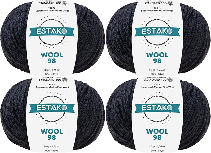 Estako Wool 98 (4- Skeins Pack) 100% Superwash Merino Wool Medium Worsted Weight Soft Knitting and Crochet Yarn (4 x 1.76 oz) (4 x 98 yds) (6389-Dark Navy)