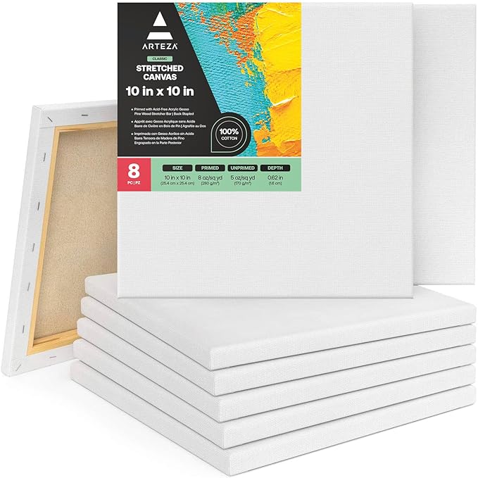 ARTEZA Stretched Canvas, 10 x 10 Inches, Pack of 8, Blank White Square Canvas for Painting for Acrylic, Oil and Gouache Paints