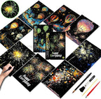 Scratch Paper Art for Adults-Glow in The Dark Scratch Painting Craft Kit (8 Sheets A4)|DIY Foil Engraving Art Set|Stress Relief Gift for Travel Lovers,Craft Lovers,Home Decors (Fireworks)