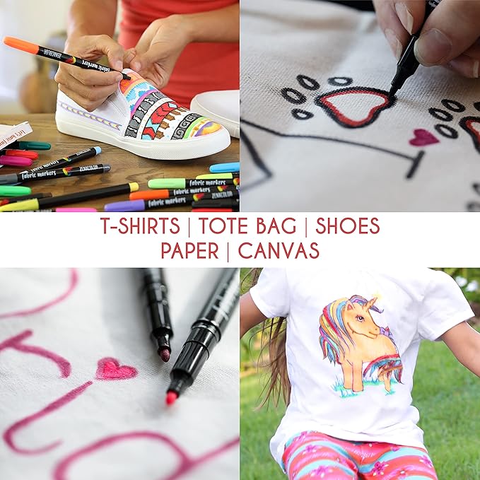 Zenacolor 20 Fabric Markers Pens Set - Indelible and Permanent Fabric Paint Fine Point Textile Marker Pen