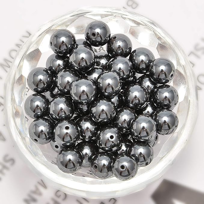 NCB 100Pcs 8mm Natural Stone Beads - Black Hematite Gemstone Round Loose Stone Spacer Energy Healing Beads with Free Crystal Stretch Cord for Jewelry Making