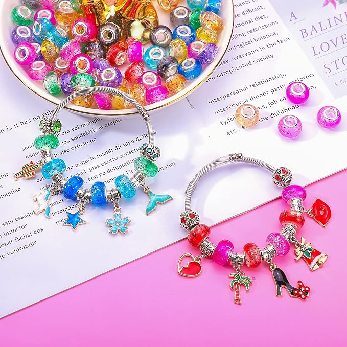 100 Pieces 14mm European Large Hole Spacer Beads Mix Color with Silver Brass Cores Assortments Charm Lampwork Beads Supplies for Necklace Bracelets Jewelry Making (Built-in Glitter Beads)