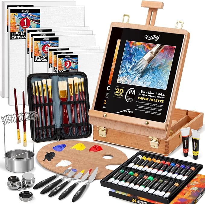 82Pcs Professional Oil Painting Set with Easel Box, 24 Rich Oil Colors & 10 Hog Brushes,Palette Knives, Canvases Complete Art Supplies Kit for Beginners & Artists