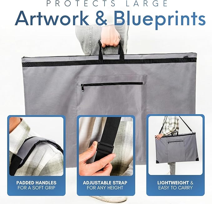 Large 24 x 36 inches Art Portfolio Bag, Fits ARCH D Blueprints, Posters & Art Prints, Waterproof Artist Case with Shoulder Strap, Durable Grey Carrying Tote for Architects, Designers & Students