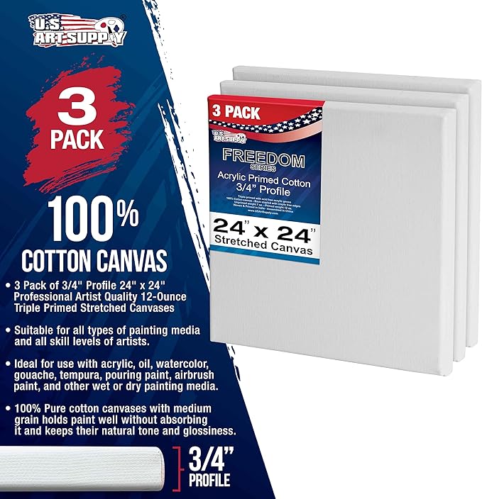 U.S. Art Supply 24 x 24 inch Stretched Canvas 12-Ounce Triple Primed, 3-Pack - Professional Artist Quality White Blank 3/4" Profile, 100% Cotton, Heavy-Weight Gesso - Acrylic Pouring, Oil Painting