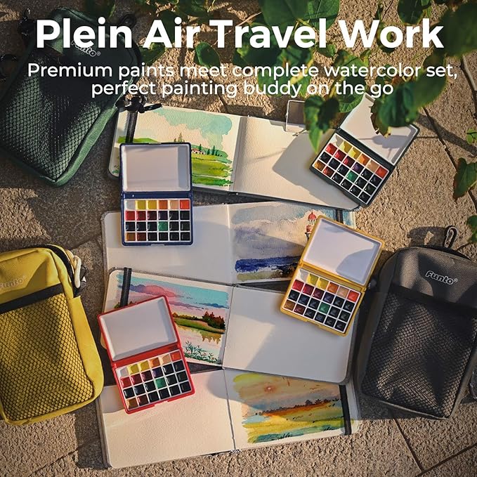 Funto Mini Watercolor Paint Set, All-In-One 24-Color Christmas Red Gift Travel Paint Kit, with Crossbody Bag, Watercolor Journal, Paint Water Cup, Pocket Set for Artists