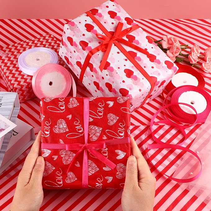 DECYOOL 4 Rolls 100 Yards Valentine’s Day Ribbons for Gift Wrapping, 10mm Wide Valentines Satin Ribbon for Valentine's Day Wedding Holiday Craft Projects