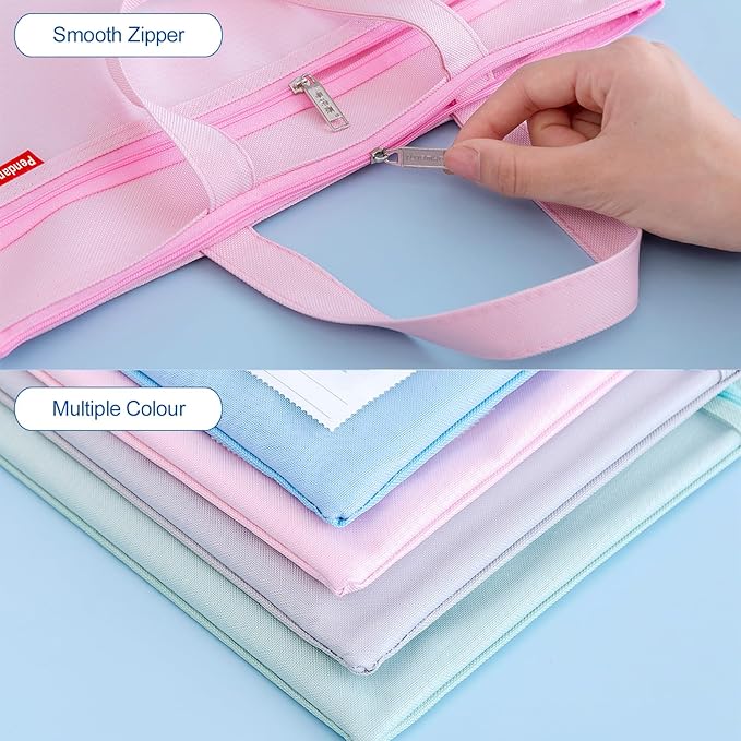 Pendancy Mesh Zipper Pouch 11x13.7 in, 2 pcs Large Double Pocket Waterproof File Bag with Handle, A4 Size Foldable Document Storage for Puzzle Project/Cross Stitch/Travel/Office（Blue Pink）