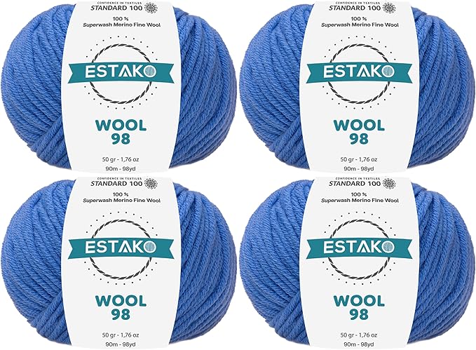 Estako Wool 98 (4- Skeins Pack) 100% Superwash Merino Wool Medium Worsted Weight Soft Knitting and Crochet Yarn (4 x 1.76 oz) (4 x 98 yds) (6387-Blue)