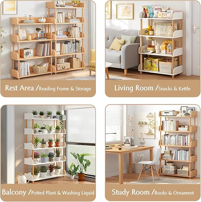 5-Tier Wooden Open Bookcase - Modern Display Bookshelf with Top Edge and Solid Wood Frame for Home and Office, Storage Cabinet, Oak