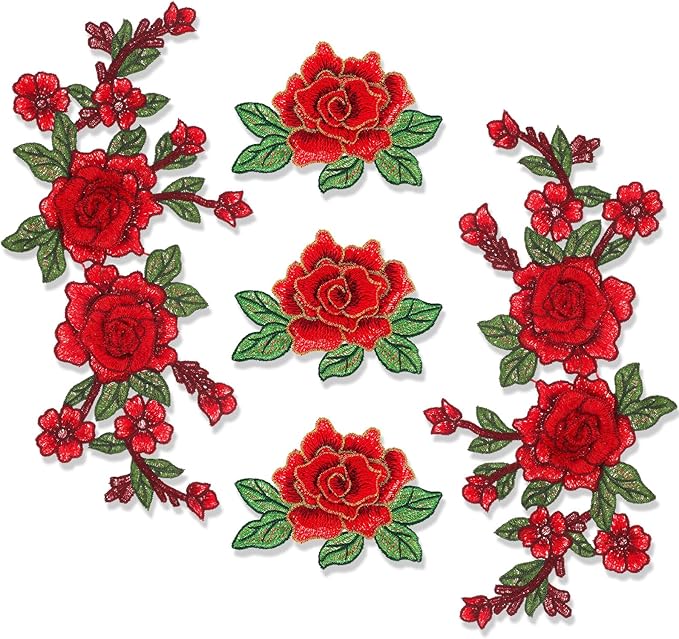 5pcs Rose Flower Embroidered Patches Floral Appliques Embellishments Clothing Accessories Sew on Crafts Repairing Arts Sew Making Sewing Patches for DIY Jeans Dress Bag