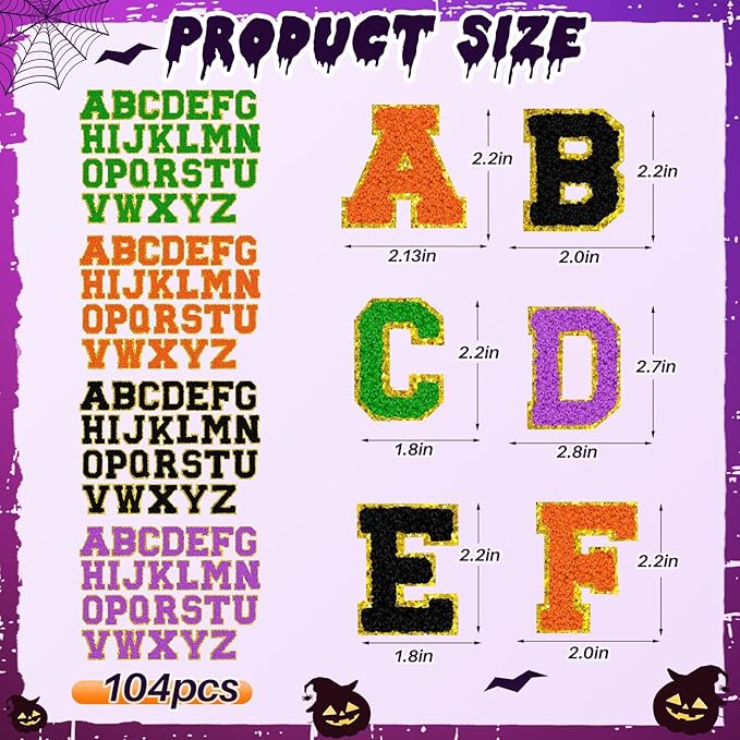 104 Pcs Halloween Patches Chenille Letter Patches Self Adhesive Halloween Stick on Patches for Clothing,A-Z Varsity Letter Stickers Embroidered Appliqué Sew on Patches for Hats Backpacks Jackets