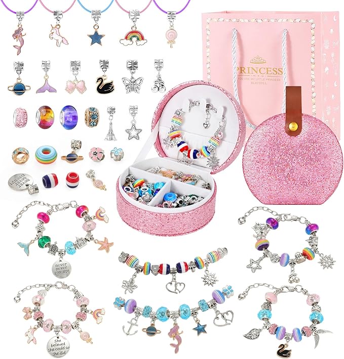 Emibele Bracelet Making Kit for Girls 8-12, Jewelry Making Kit with Portable Jewelry Box, Charm Bead DIY Bracelets Crafts Kit for Kids Age 5 6 7, Girls Gifts Choice on Birthday Valentines Christmas